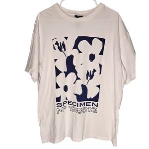 HM Relaxed Fit Specimen No 198512 Floral Graphic T-Shirt Mens Large White Navy